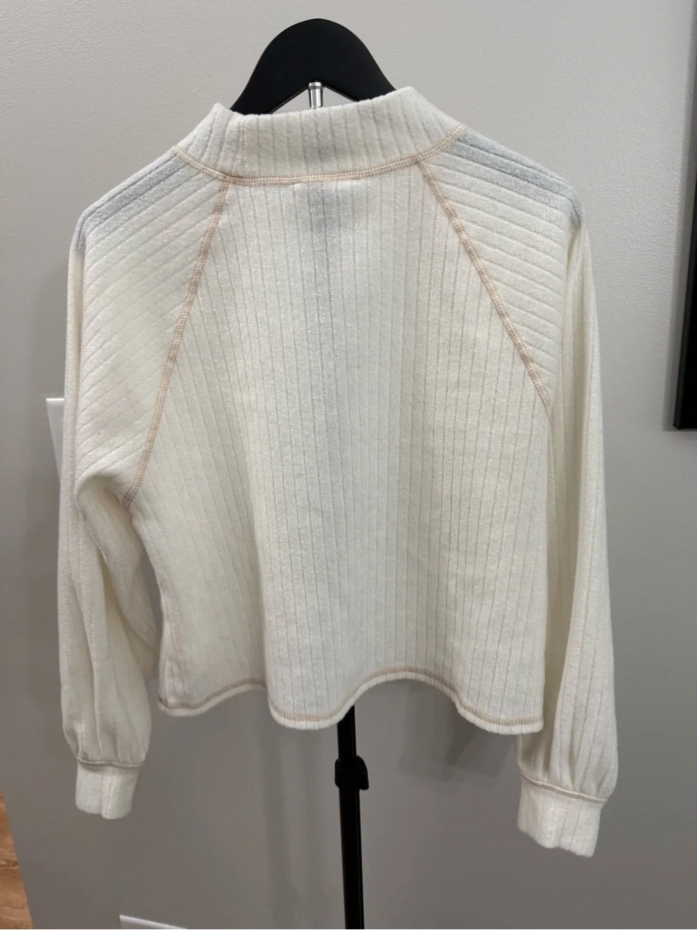 Lush Cream Ribbed Mock Neck Sweater with Contrast Stitching